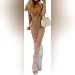 Women's Sexy Sheer Nude Mesh Pearl Rhinestone Cover Up Maxi Dress Side Slit NWOT